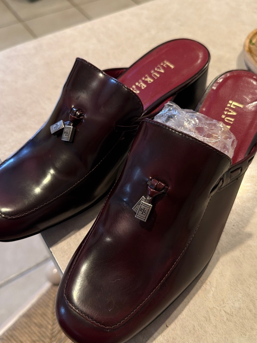 Lauren Ralph Lauren Wine Burgundy Leather Slip-On Mules with Tassel Charms